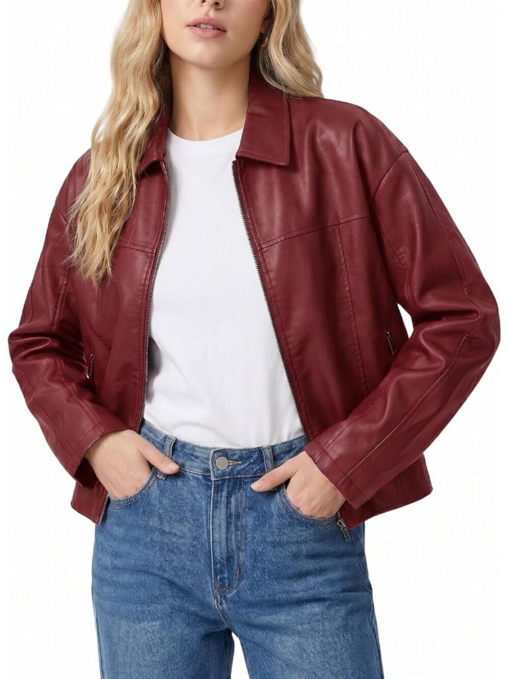 Women's Wine Red Faux Leather Long Sleeve Casual ZIP Up Outfit Motorcycle Jacket